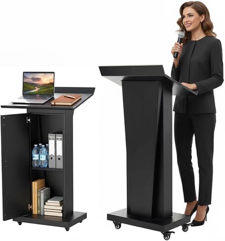 حامل منصة لمنزل مؤتمرات مكتب مدرسة الكنيسة، منابر ومنصات مع 4 عجلات قفل، منطقة تخزين كبيرة، سطح مكتب مائل، معدن عالي التحمل، ارتفاع 50.4 سم، أسود in Kuwait