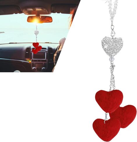 Bling Diamond Heart Car Charm, Automotive Crystal Love Heart Decor with Fuzzy Ornament Rearview Mirror Pendant, Universal for Most Cars (Red) in Saudi Arabia