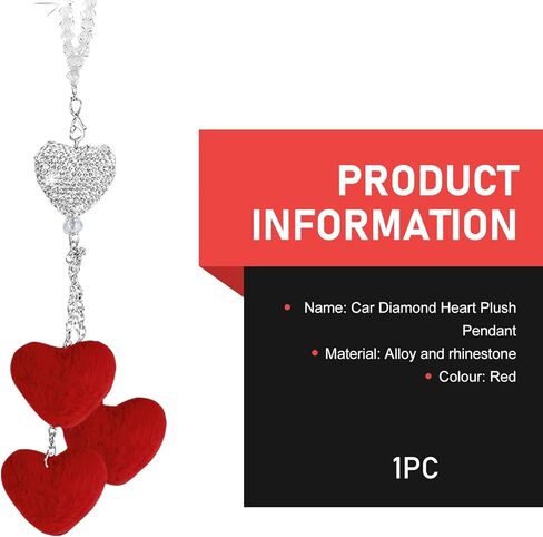 Bling Diamond Heart Car Charm, Automotive Crystal Love Heart Decor with Fuzzy Ornament Rearview Mirror Pendant, Universal for Most Cars (Red) in Saudi Arabia
