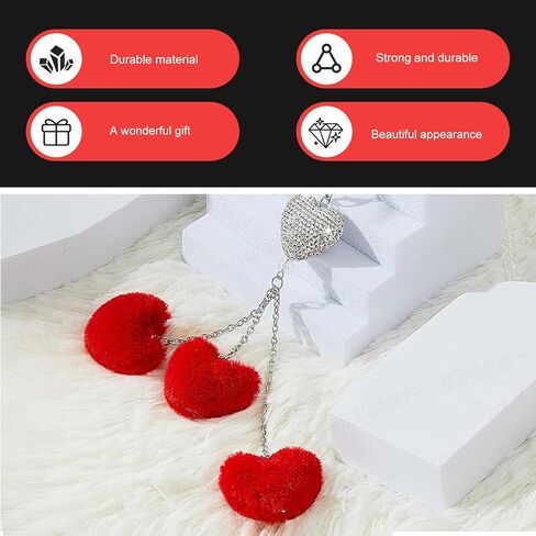 Bling Diamond Heart Car Charm, Automotive Crystal Love Heart Decor with Fuzzy Ornament Rearview Mirror Pendant, Universal for Most Cars (Red) in Saudi Arabia