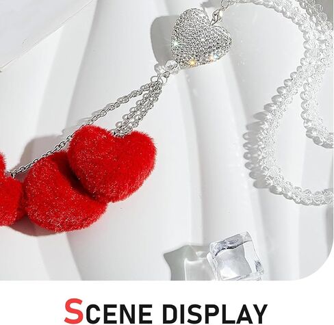 Bling Diamond Heart Car Charm, Automotive Crystal Love Heart Decor with Fuzzy Ornament Rearview Mirror Pendant, Universal for Most Cars (Red) in Saudi Arabia