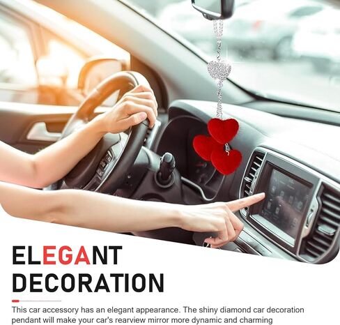 Bling Diamond Heart Car Charm, Automotive Crystal Love Heart Decor with Fuzzy Ornament Rearview Mirror Pendant, Universal for Most Cars (Red) in Saudi Arabia