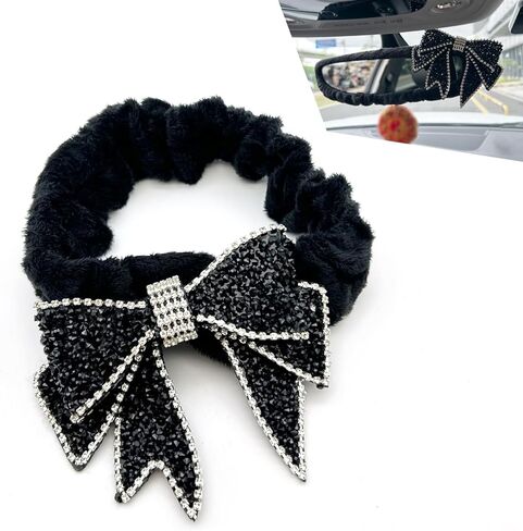 Car Rearview Mirror Cover, Cute Elastic Plush Rear View Mirror Protector with Bow, Cute Vehicle Rearview Mirror Edge Protector Frame, Universal for Most Cars (Black) in Saudi Arabia