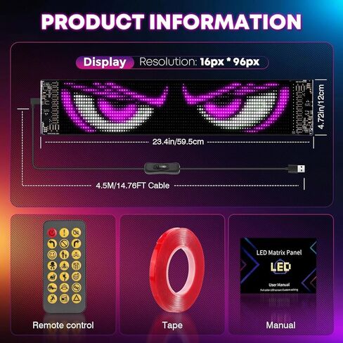 شاشة LED متعددة اللوحات عالية السطوع 5800 لوكس (23.4 بوصة × 4.73 بوصة) - أكثر سطوعًا بمقدار 3 مرات، نص ورسوم متحركة قابلة للبرمجة عبر التطبيق/عن بعد للسيارات والمتاجر - يعمل بمنفذ USB 5 فولت in Kuwait