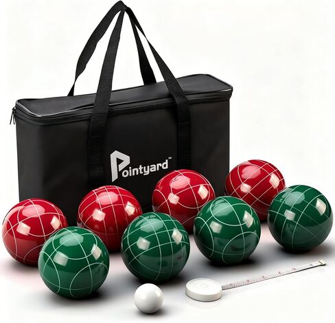 مجموعة كرات Pointyard Bocce، مجموعة كرات Bocce كلاسيكية مقاس 90 مم مع 8 كرات Bocce من الراتنج/1 حقيبة بالينو/نايلون بسحاب/شريط قياس - ألعاب عائلية خارجية للفناء الخلفي/الحديقة/الشاطئ (أحمر وأخضر) in Kuwait