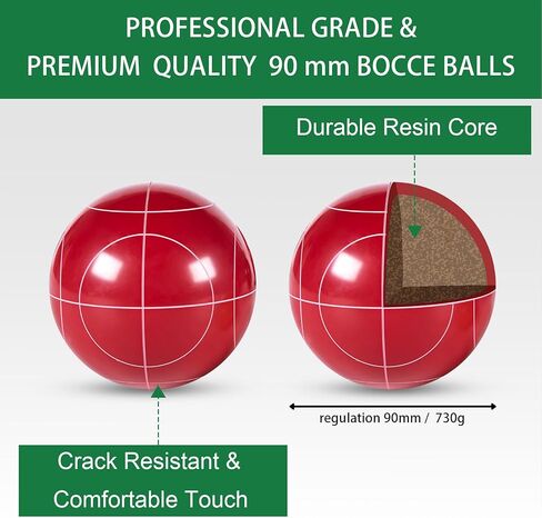 مجموعة كرات Pointyard Bocce، مجموعة كرات Bocce كلاسيكية مقاس 90 مم مع 8 كرات Bocce من الراتنج/1 حقيبة بالينو/نايلون بسحاب/شريط قياس - ألعاب عائلية خارجية للفناء الخلفي/الحديقة/الشاطئ (أحمر وأخضر) in Kuwait