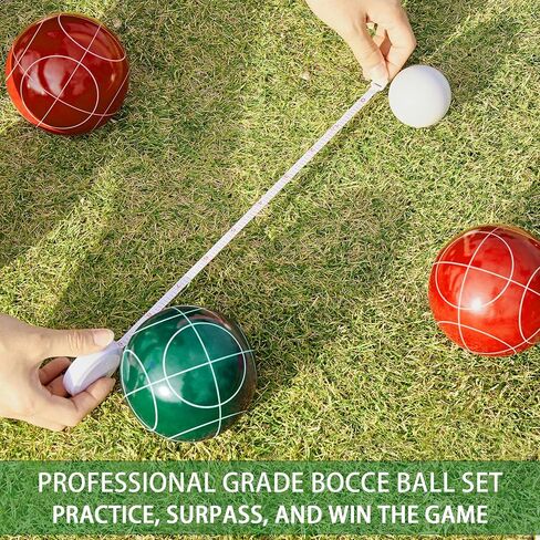 مجموعة كرات Pointyard Bocce، مجموعة كرات Bocce كلاسيكية مقاس 90 مم مع 8 كرات Bocce من الراتنج/1 حقيبة بالينو/نايلون بسحاب/شريط قياس - ألعاب عائلية خارجية للفناء الخلفي/الحديقة/الشاطئ (أحمر وأخضر) in Kuwait