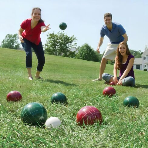 مجموعة كرات Pointyard Bocce، مجموعة كرات Bocce كلاسيكية مقاس 90 مم مع 8 كرات Bocce من الراتنج/1 حقيبة بالينو/نايلون بسحاب/شريط قياس - ألعاب عائلية خارجية للفناء الخلفي/الحديقة/الشاطئ (أحمر وأخضر) in Kuwait