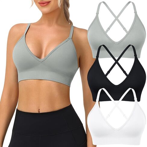 WANAYOU Sports Bras for Women, Deep V Neck Adjustable Spaghetti Strap Criss Cross Back Sports Bra Padded Gym Bralettes 3 Pack in Saudi Arabia