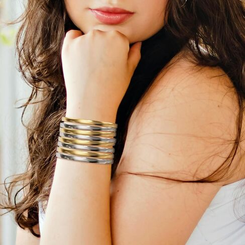 Linkidea Plus Size Bangle Bracelets Set for Women, Set of 8 Stainless Steel Extra Large Round Golden Bangles, 9.2 Inches (XL) in Saudi Arabia