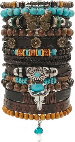 13 قطعة من الخرز الخشبي بطبقات بوهيمية وسوار من جلد البولي يوريثان مجموعة للنساء والرجال، أساور معصم خشبية مطرزة بالخرز القبلي العرقي متعددة الطبقات قابلة للتعديل، سوار معصم ملفوف هدية in Kuwait