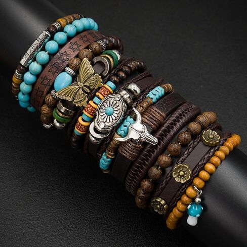 13 قطعة من الخرز الخشبي بطبقات بوهيمية وسوار من جلد البولي يوريثان مجموعة للنساء والرجال، أساور معصم خشبية مطرزة بالخرز القبلي العرقي متعددة الطبقات قابلة للتعديل، سوار معصم ملفوف هدية in Kuwait