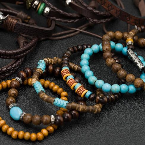 13 قطعة من الخرز الخشبي بطبقات بوهيمية وسوار من جلد البولي يوريثان مجموعة للنساء والرجال، أساور معصم خشبية مطرزة بالخرز القبلي العرقي متعددة الطبقات قابلة للتعديل، سوار معصم ملفوف هدية in Kuwait