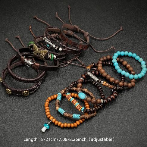 13 قطعة من الخرز الخشبي بطبقات بوهيمية وسوار من جلد البولي يوريثان مجموعة للنساء والرجال، أساور معصم خشبية مطرزة بالخرز القبلي العرقي متعددة الطبقات قابلة للتعديل، سوار معصم ملفوف هدية in Kuwait