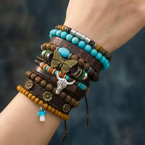 13 قطعة من الخرز الخشبي بطبقات بوهيمية وسوار من جلد البولي يوريثان مجموعة للنساء والرجال، أساور معصم خشبية مطرزة بالخرز القبلي العرقي متعددة الطبقات قابلة للتعديل، سوار معصم ملفوف هدية in Kuwait