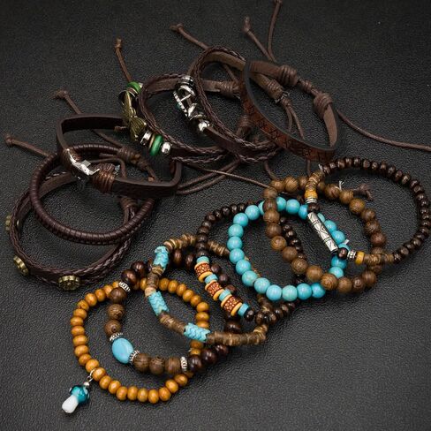 13 قطعة من الخرز الخشبي بطبقات بوهيمية وسوار من جلد البولي يوريثان مجموعة للنساء والرجال، أساور معصم خشبية مطرزة بالخرز القبلي العرقي متعددة الطبقات قابلة للتعديل، سوار معصم ملفوف هدية in Kuwait