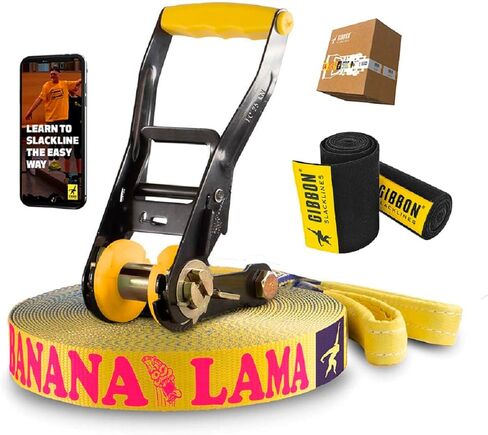 Gibbon BananaLama XL Slackline مع TreeWear - خط الركود المستدير النهائي 82 قدمًا (2 × 6.6 قدم حبال مستديرة، 2 أغلال) سقاطة كهربائية، خط 1.5 بوصة in Kuwait