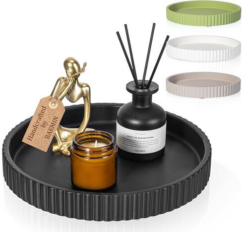 صينية طاولة قهوة خرسانية، صينية تزيين مقاس 11 بوصة لديكور المنزل، قطعة مركزية حديثة وقوية، صينية تقديم مستديرة بحافة مخددة، أسود in Kuwait