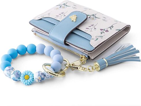 محافظ صغيرة للنساء RFID حجب الجلود Bifold سستة جيب المفاتيح المحفظة مع سوار نمط زهرة معرف نافذة بطاقة الائتمان حامل المحفظة (زهرة، أخضر) in Kuwait