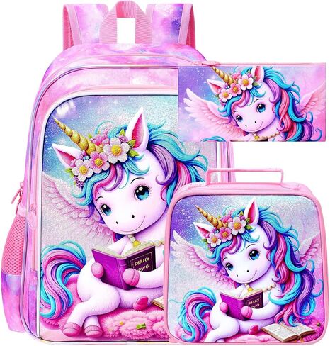 مجموعة حقائب كتب gxtvo للفتيات يونيكورن 3 قطع، حقيبة ظهر للأطفال مقاس 16 بوصة مع صندوق غداء، حقيبة مدرسية مقاومة للماء للمرحلة الابتدائية ومرحلة ما قبل المدرسة والأطفال الصغار - قراءة مريحة باللون الوردي يونيكورن in Kuwait