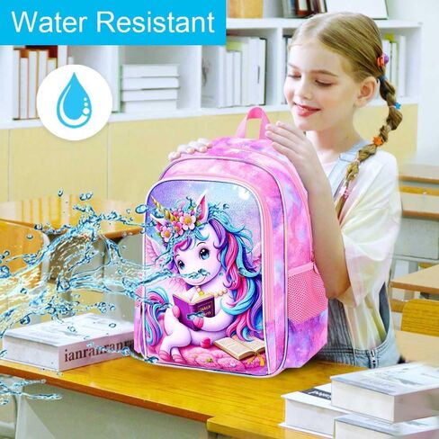 مجموعة حقائب كتب gxtvo للفتيات يونيكورن 3 قطع، حقيبة ظهر للأطفال مقاس 16 بوصة مع صندوق غداء، حقيبة مدرسية مقاومة للماء للمرحلة الابتدائية ومرحلة ما قبل المدرسة والأطفال الصغار - قراءة مريحة باللون الوردي يونيكورن in Kuwait