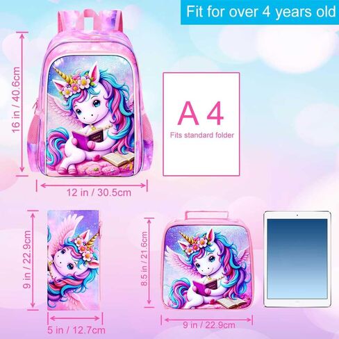 مجموعة حقائب كتب gxtvo للفتيات يونيكورن 3 قطع، حقيبة ظهر للأطفال مقاس 16 بوصة مع صندوق غداء، حقيبة مدرسية مقاومة للماء للمرحلة الابتدائية ومرحلة ما قبل المدرسة والأطفال الصغار - قراءة مريحة باللون الوردي يونيكورن in Kuwait