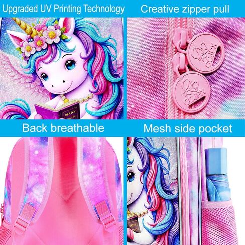 مجموعة حقائب كتب gxtvo للفتيات يونيكورن 3 قطع، حقيبة ظهر للأطفال مقاس 16 بوصة مع صندوق غداء، حقيبة مدرسية مقاومة للماء للمرحلة الابتدائية ومرحلة ما قبل المدرسة والأطفال الصغار - قراءة مريحة باللون الوردي يونيكورن in Kuwait
