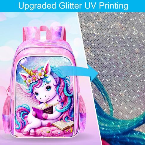 مجموعة حقائب كتب gxtvo للفتيات يونيكورن 3 قطع، حقيبة ظهر للأطفال مقاس 16 بوصة مع صندوق غداء، حقيبة مدرسية مقاومة للماء للمرحلة الابتدائية ومرحلة ما قبل المدرسة والأطفال الصغار - قراءة مريحة باللون الوردي يونيكورن in Kuwait