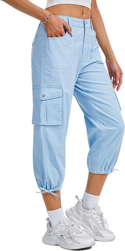 Women's Cargo Capris Pants, Casual Elastic Waist Hiking Pants 2026 Summer Baggy Pants with 6 Pockets in Saudi Arabia