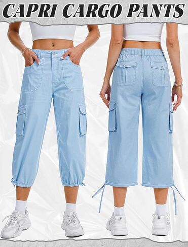 Women's Cargo Capris Pants, Casual Elastic Waist Hiking Pants 2026 Summer Baggy Pants with 6 Pockets in Saudi Arabia