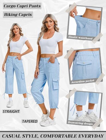 Women's Cargo Capris Pants, Casual Elastic Waist Hiking Pants 2026 Summer Baggy Pants with 6 Pockets in Saudi Arabia