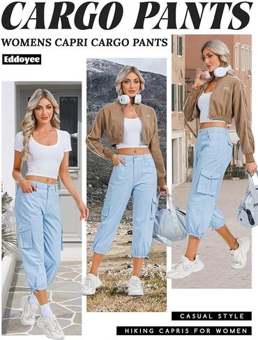Women's Cargo Capris Pants, Casual Elastic Waist Hiking Pants 2026 Summer Baggy Pants with 6 Pockets in Saudi Arabia