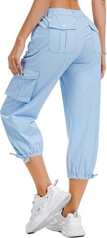 Women's Cargo Capris Pants, Casual Elastic Waist Hiking Pants 2026 Summer Baggy Pants with 6 Pockets in Saudi Arabia