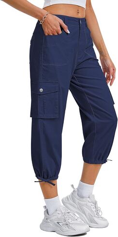 Women's Cargo Capris Pants, Casual Elastic Waist Hiking Pants 2026 Summer Baggy Pants with 6 Pockets in Saudi Arabia