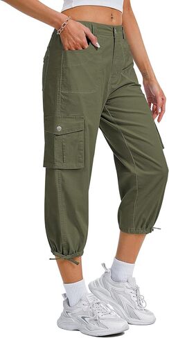 Women's Cargo Capris Pants, Casual Elastic Waist Hiking Pants 2026 Summer Baggy Pants with 6 Pockets in Saudi Arabia
