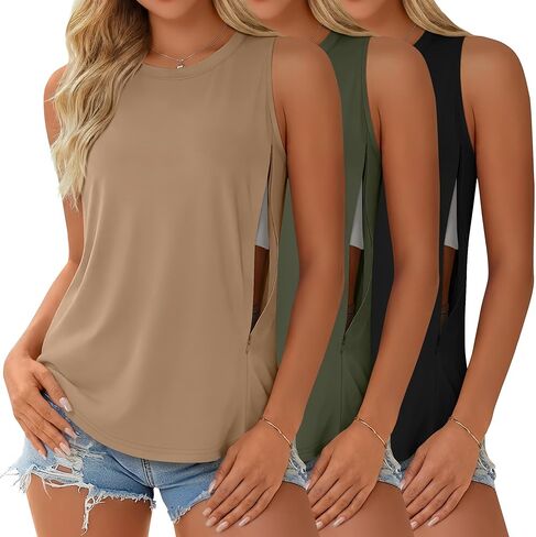 3 Pack Women's Nursing Tank Tops Hidden Zippers Sleeveless Shirts Breastfeeding Crew Neck Loose Maternity Tops in Saudi Arabia