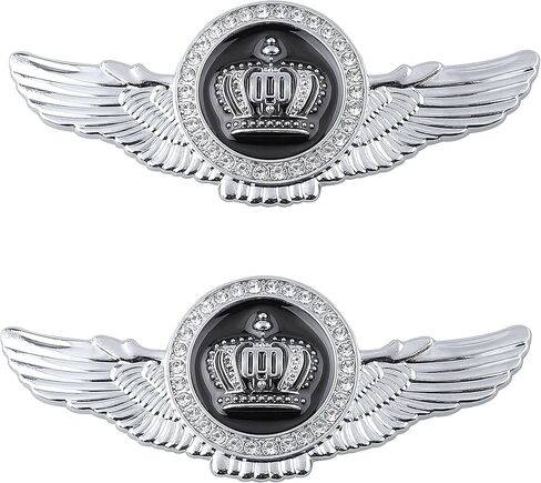 2PCS Wing Circular Crown Emblems,Crystal Diamond Crown Car Stickers Decals Decoration for All Car (Silver Black) in Kuwait