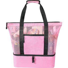 Mesh Beach Tote Bag - Large Beach Bags with cooler, Cooler beach Bags for Women, Waterproof Sandproof Swim Pool Travel Daily Beach Tote Bag, Pink
