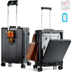 LemoHome luminium Frame Hardside Expandable Spinner Wheel Luggage, Built-In TSA lock Carry on Suitcase, with Cup Holder & USB Port & Phone Holder (Black)