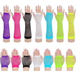 14 Pairs 80s 90s Fishnet Mesh Gloves for Women Kids Neon Fingerless Glove for Cosplay Costumes Accessories