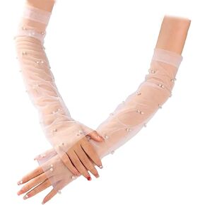 HOMEBEARJ Bride Wedding Sheer Lace Gloves - White Long Tulle Gloves with Pear Fingerless Bridal Gloves for Women