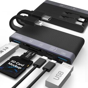 SD Card Reader for i-Phone i-Pad, Aluminum 6in1 Multi-Ports Memory Card Reader with SD/TF Card USB 3.0 Adapter,Foldable Data Cable Supports SD/Micro SD/SDHC/SDXC/MMC in Kuwait