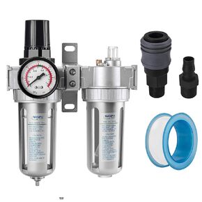 NANPU 3/8" NPT Air Filter Pressure Regulator Lubricator Dryer Gauge Kit Water/Oil Trap Separator 3 in 1 Twin Unit