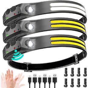 LED Headlamp Rechargeable 3PCS - 230° COB Super Bright Head Lights for Forehead, Hard hat Light for Adults, USB C Headband Flashlight for Working, Running, Hiking, Camping Essentials Accessories Gear