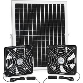 Solar Dual Fan Kit for Intake or Exhaust air, 25W Solar Panel Powered Fan for Chicken Coop, Greenhouse, 5.5 in Bigger Fans with 15 ft Cord, IP67 Waterproof, 3500RPM