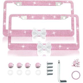 2 Pack Bling Rhinestone License Plate Frames for Women, Cute Diamond Car License Frame with Bow(Pink)
