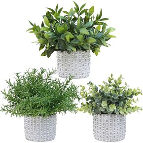 Winlyn 3 Pack Small Potted Artificial Eucalyptus Plants Faux Rosemary Plants Greenery in Gray Ceramic Pots with Polka Dots Assorted Small Plants for Kitchen Counter Living Room Table Shelf Décor