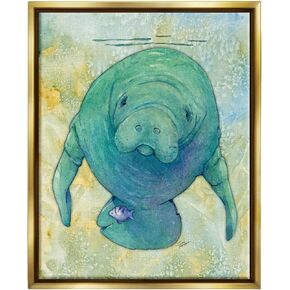 Stupell Industries Green Manatee Underwater Black Framed Floater Canvas Wall Art Design by Steve Vanderbosch