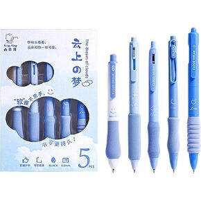 ITAWIXS Aesthetic Gel Ink Pens 5Pcs Blue Cute Retractable Pens with Different Tips Quick Dry Ink Smooth Writing Ideal for School, Office
