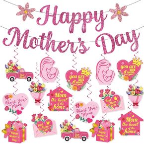 Mother Day Party Decorations, 34Pcs Mothers Day Decorations for Office include Happy Mother Day Banner and Mother's Day Decorations Hanging Swirls, NO-DIY Glitter Happy Mothers Day Decorations Outside